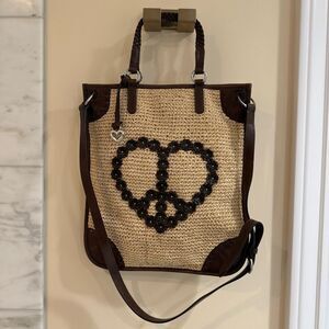 Brighton Brown and Tan Woven Tote with Peace Sign
